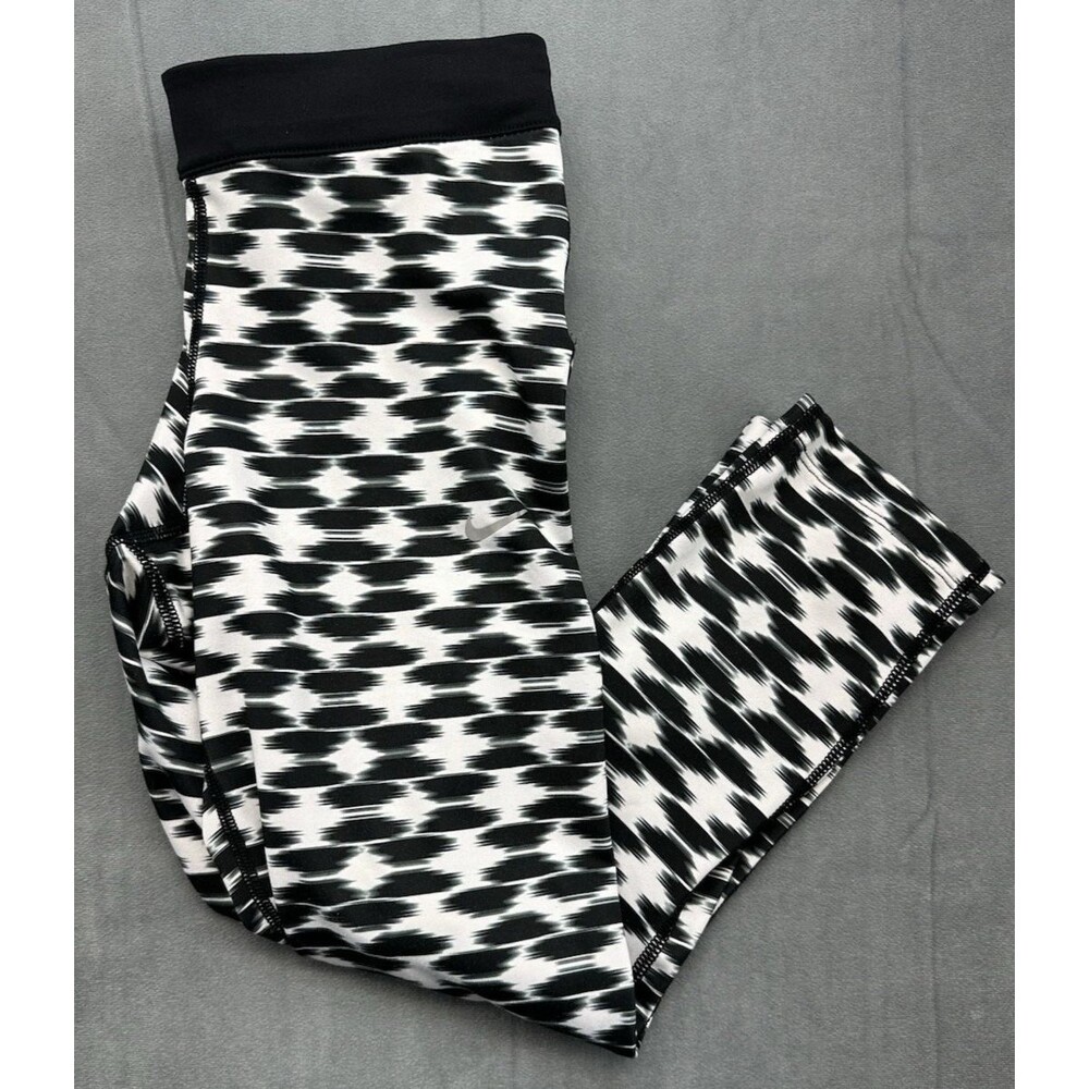Nike Dri Fit Women's Small Active Cropped Leggings Geometric Black White Bottoms